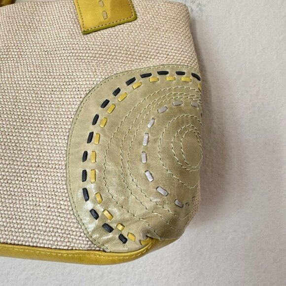 RADLEY STUNNING WOVEN CONTRAST YELLOW LEATHER GREEN STITCH TRIM TOP HANDLE TOTE - Picture 3 of 12